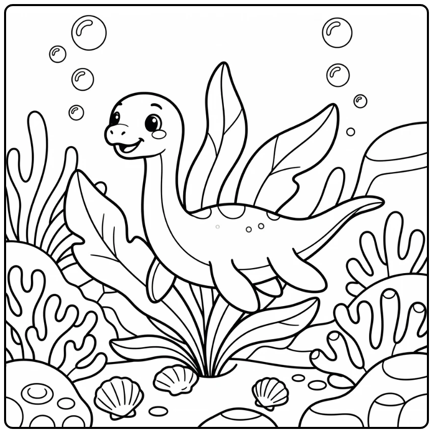 Baby dinosaur coloring page of Plesiosaurus in ocean