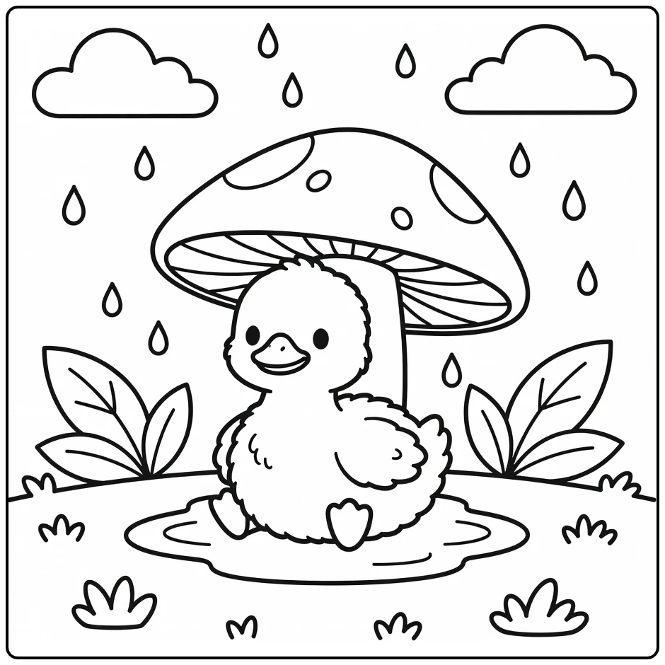 Baby goose coloring page with mushroom umbrella in rain