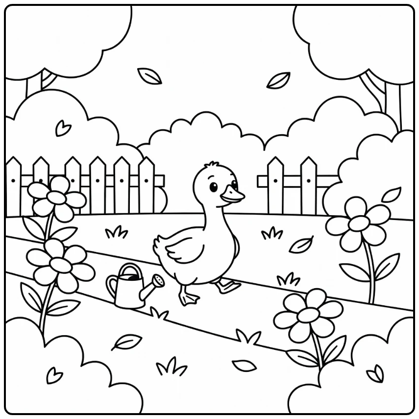 Baby goose coloring page with fluffy gosling in garden