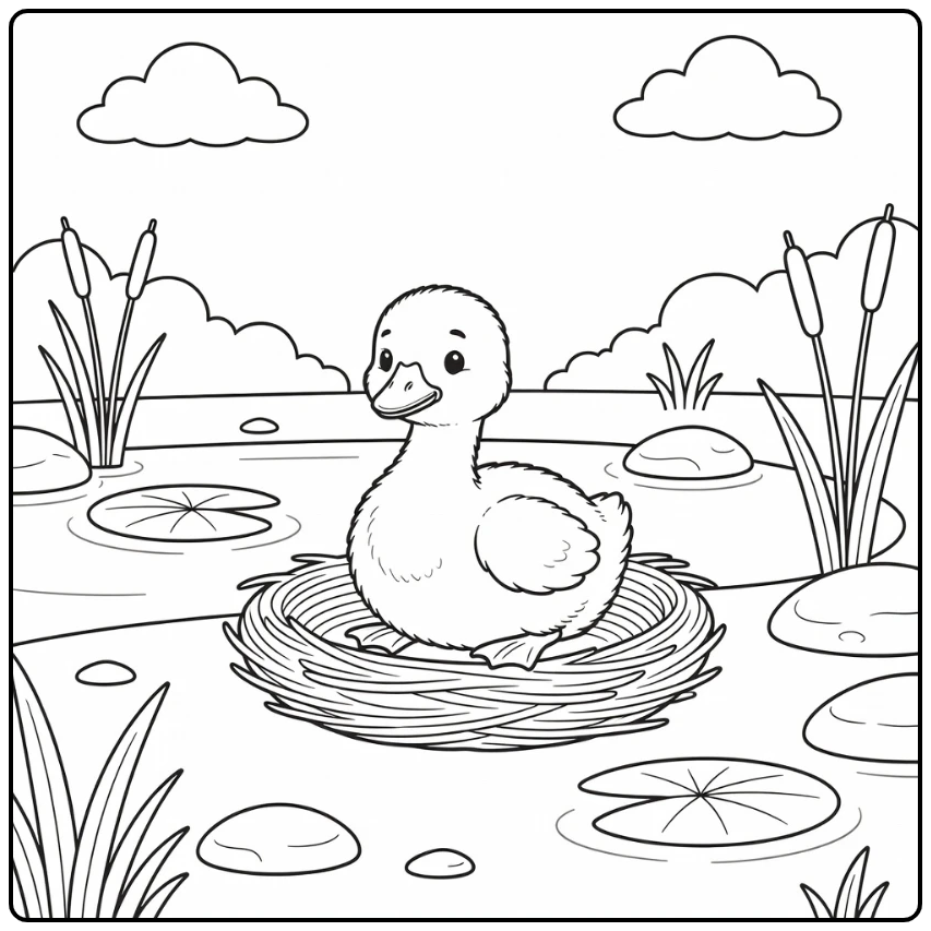 Baby goose coloring page with gosling in nest by pond
