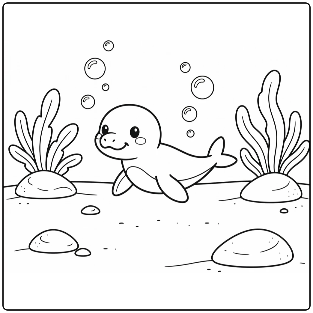 baby mosasaurus coloring page with bubbles and sea plants