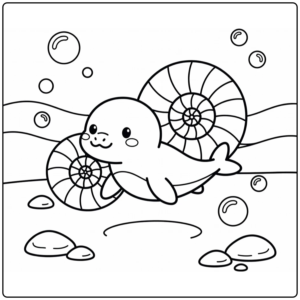 baby mosasaurus coloring page with ammonite shell and bubbles