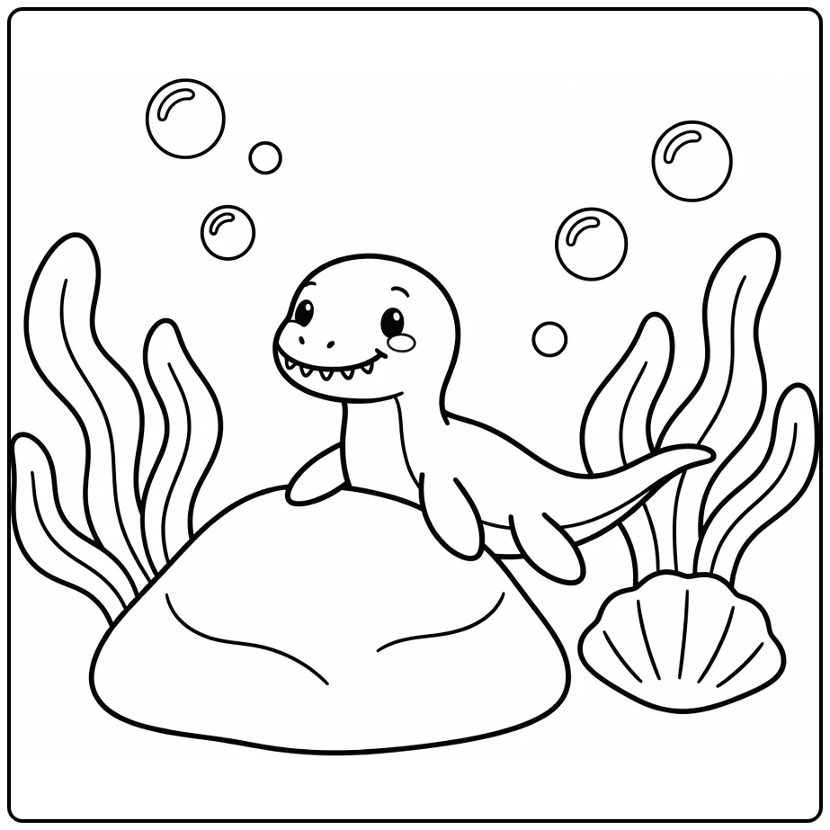 baby mosasaurus coloring page peeking from reef rock