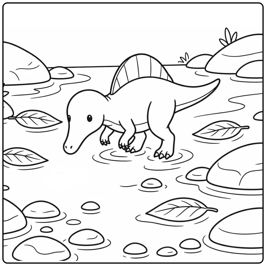 Baby spinosaurus coloring page dinosaur in stream with fish