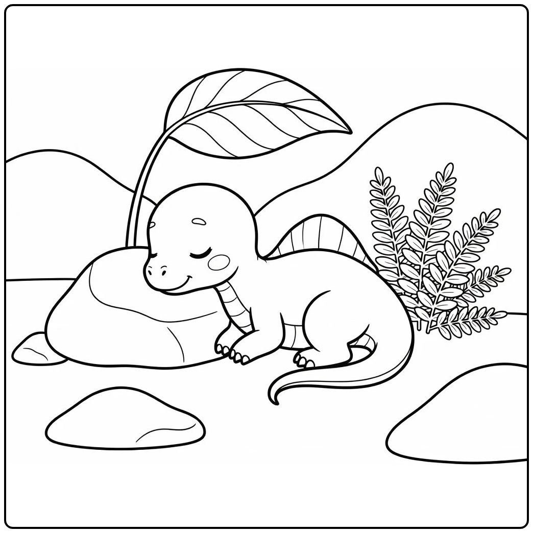Baby spinosaurus coloring page napping beside river rock