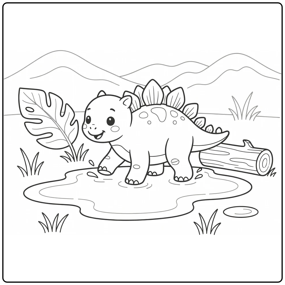 baby stegosaurus coloring page of dino in puddle