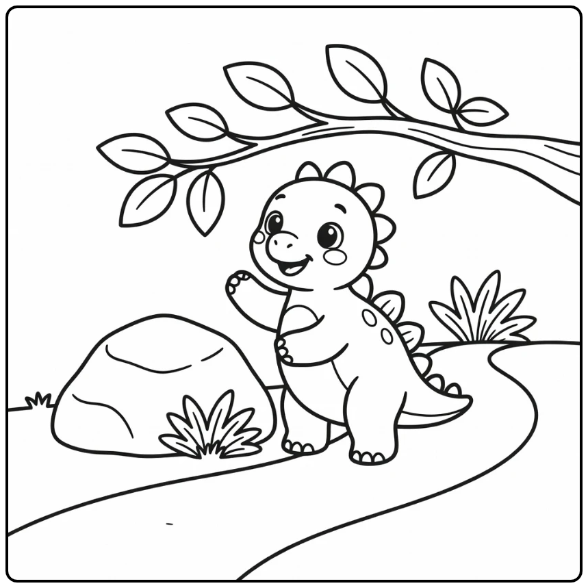 Baby stegosaurus coloring page reaching for leaves