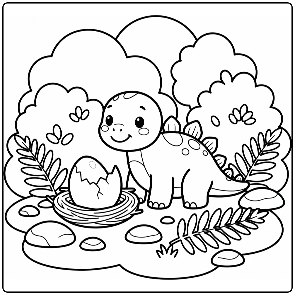 baby stegosaurus coloring page with egg nest ferns and bushes