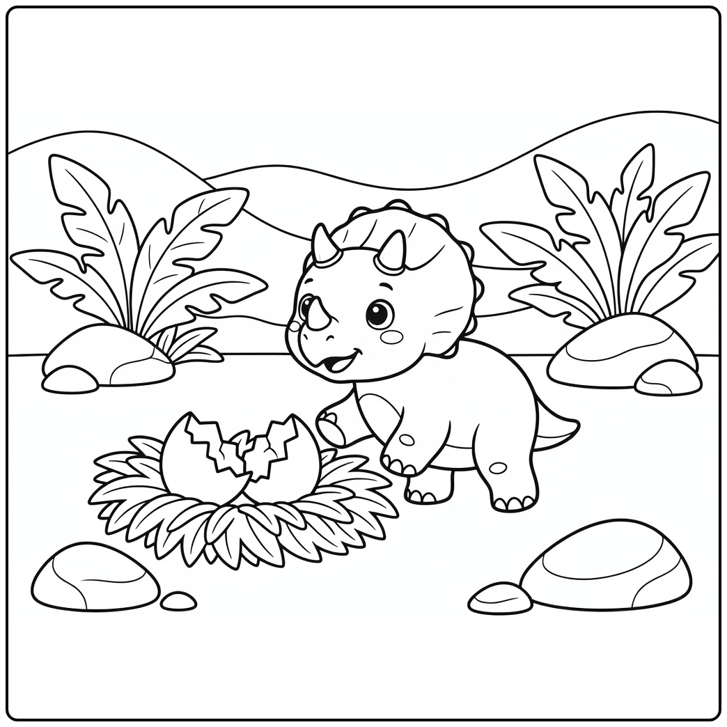 Baby triceratops coloring page with nest and eggshell