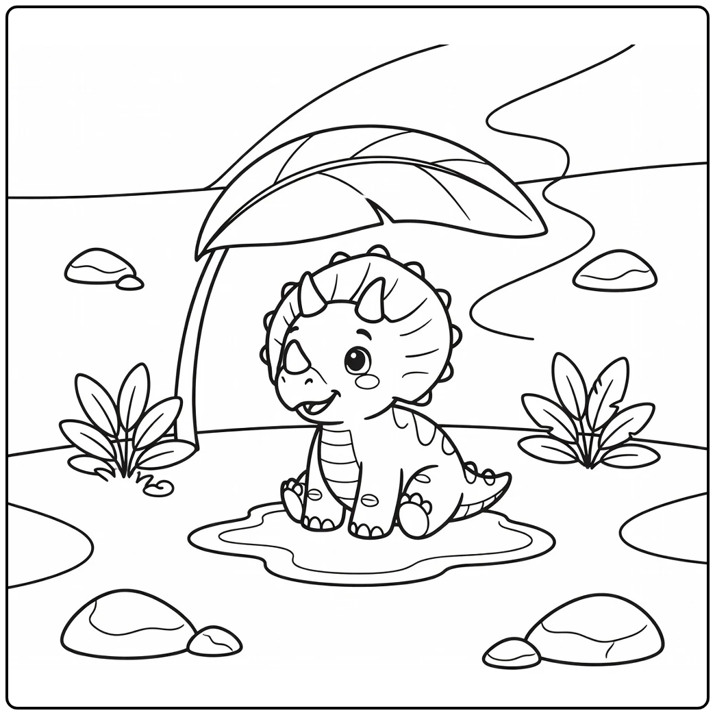 Baby triceratops coloring page with oversized leaf and puddle