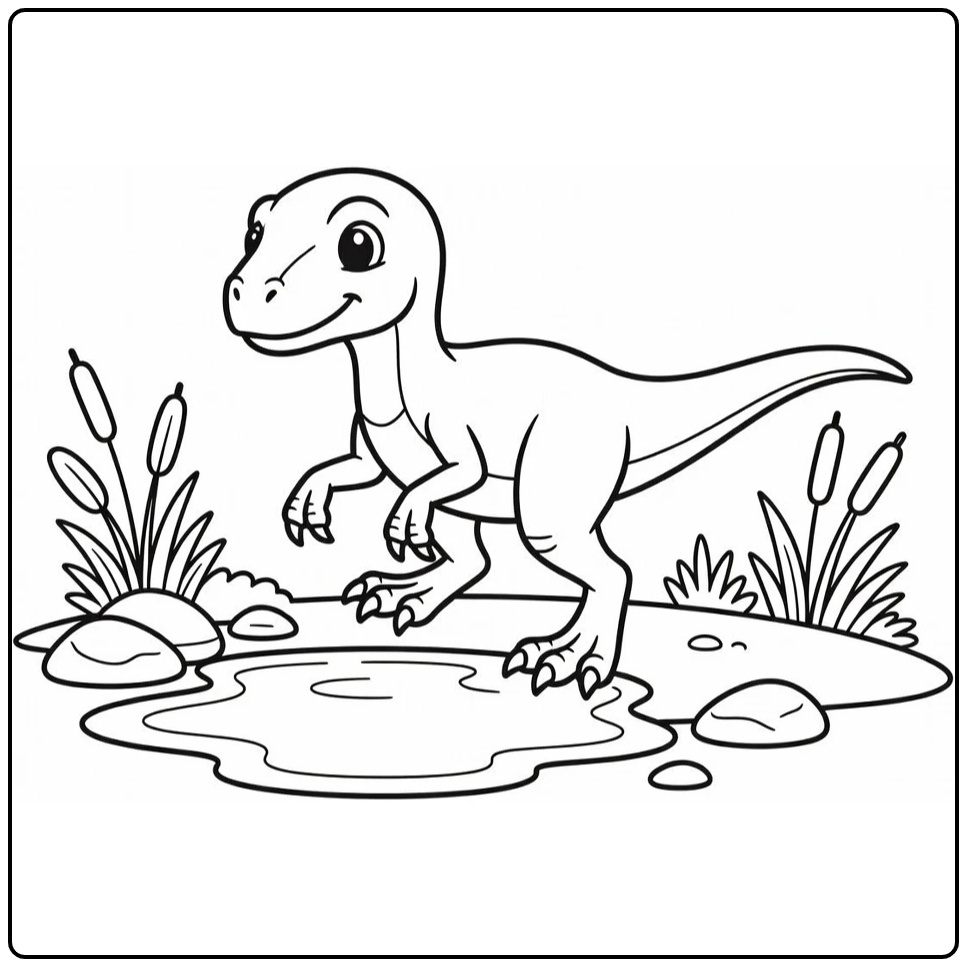 Baby velociraptor coloring page stepping over puddle