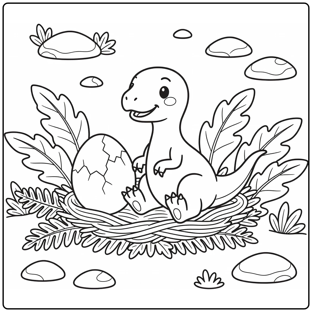 Baby velociraptor coloring page cute dino by egg in ferns