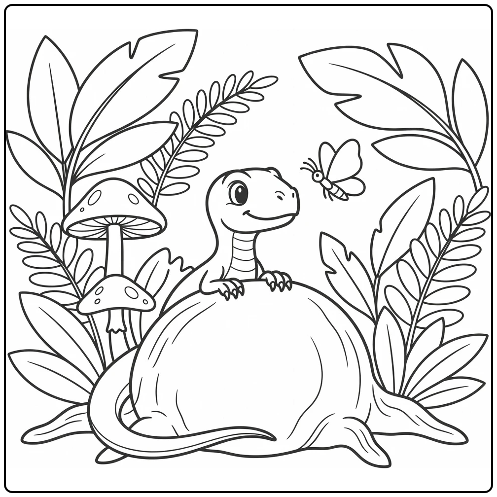 Baby velociraptor coloring page peeking behind tree root