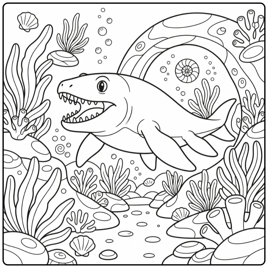 Big dinosaur coloring page with giant Liopleurodon in ocean
