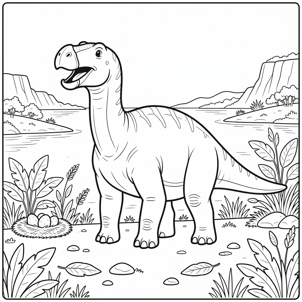 Big dinosaur coloring page of Shantungosaurus calling on shore