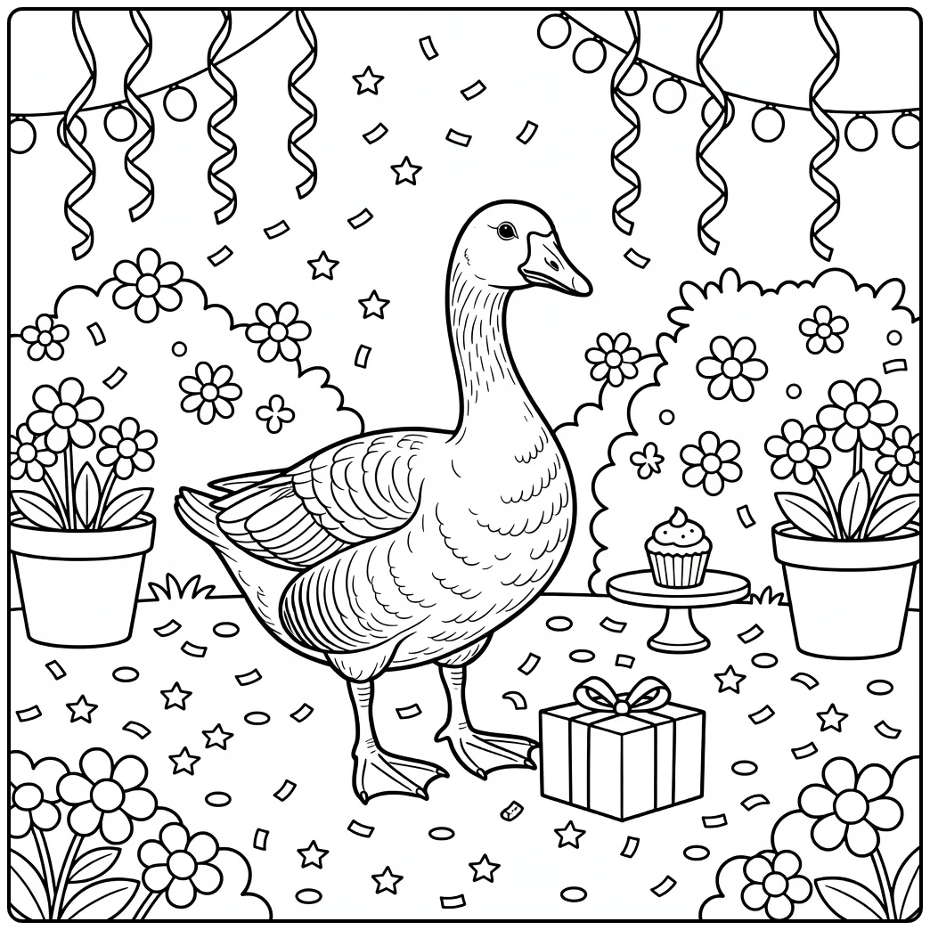 Birthday goose coloring page with garden party setup