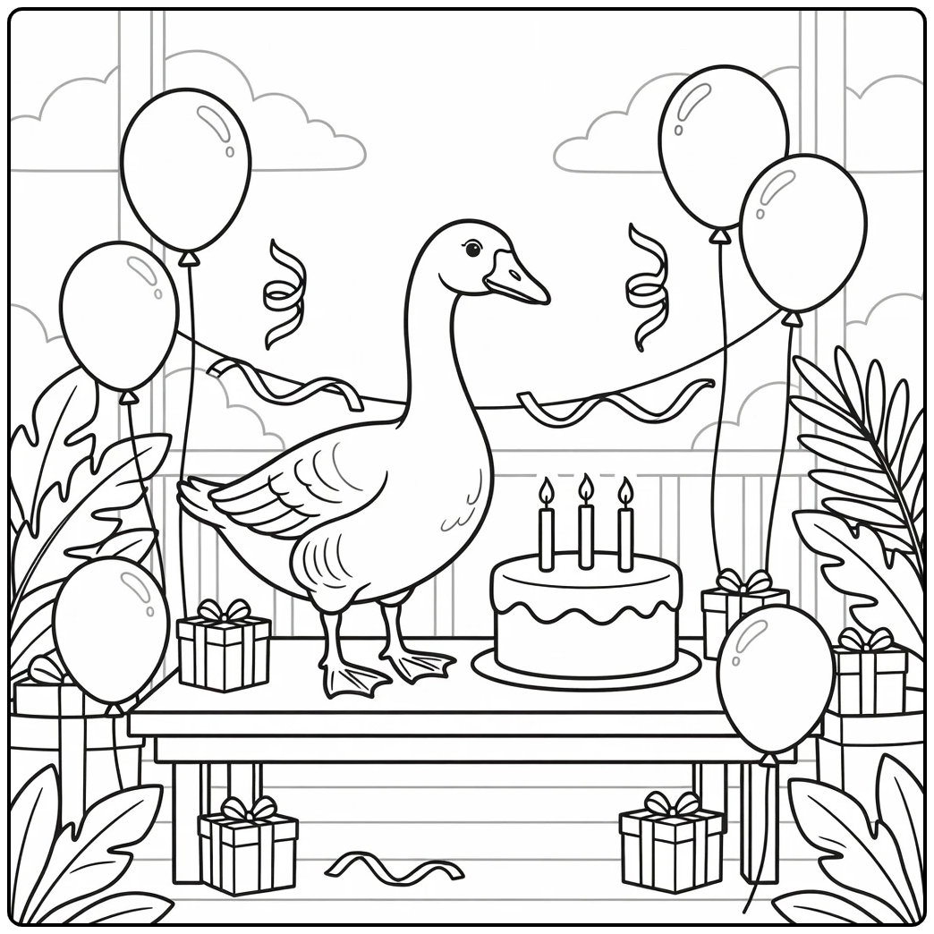 Birthday Goose Coloring Page Featuring Party Cake and Gifts