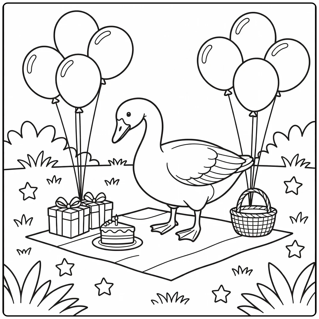 Birthday goose coloring page of goose at a party picnic