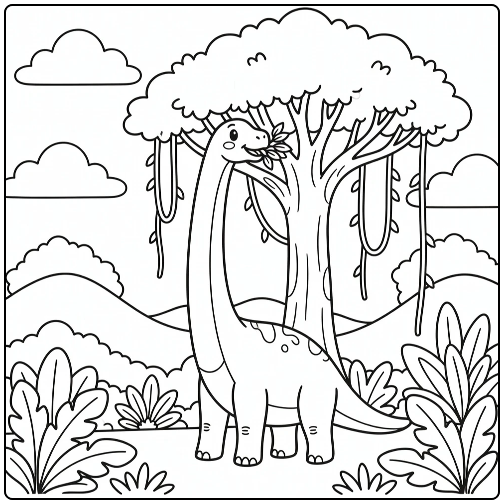 Tall Brachiosaurus cartoon dinosaur coloring page scene