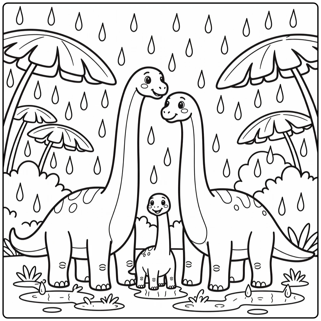 Brachiosaurus coloring page calf sheltered by adults in rain