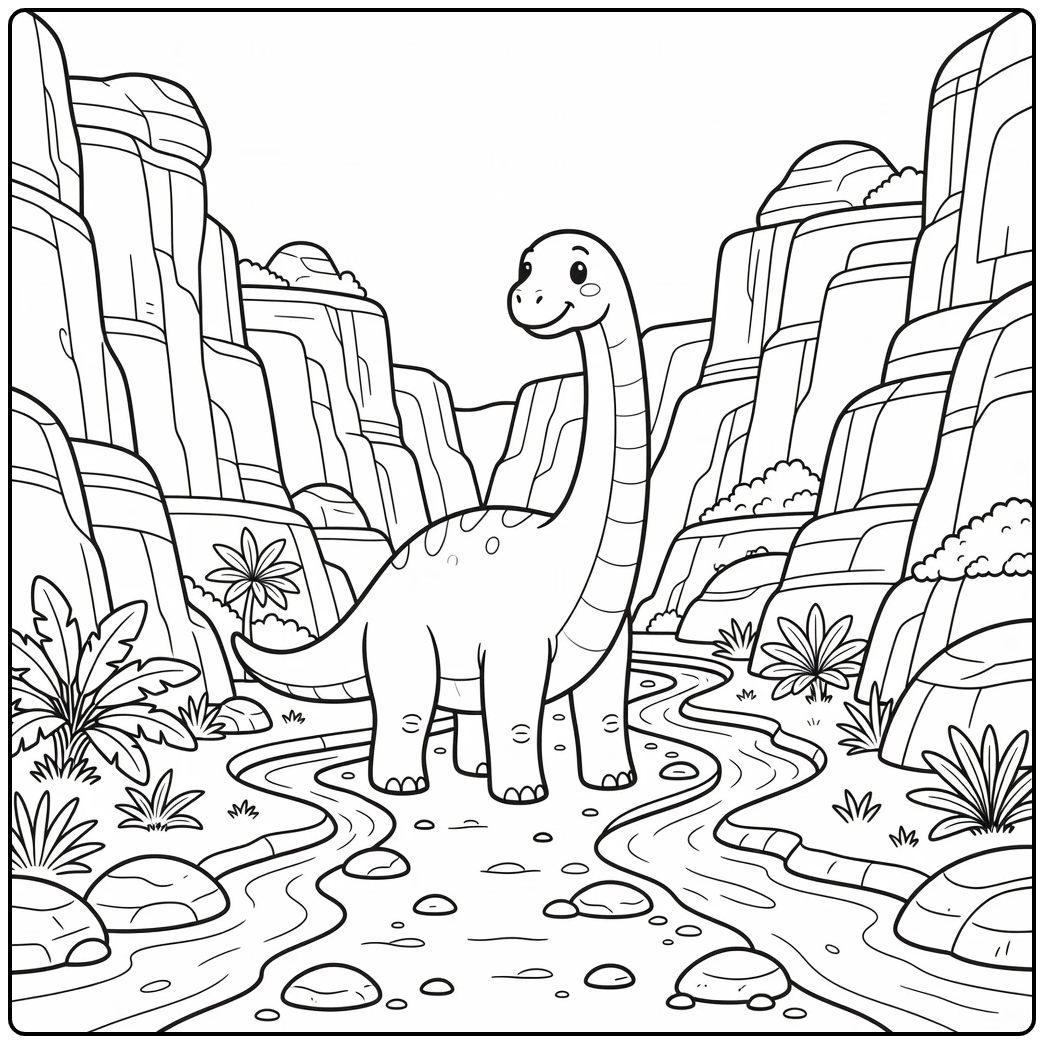 brachiosaurus coloring page in rocky canyon path