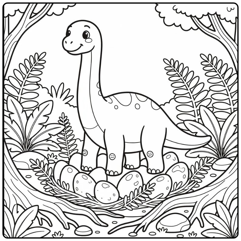 Brachiosaurus coloring page with eggs hidden in ferns