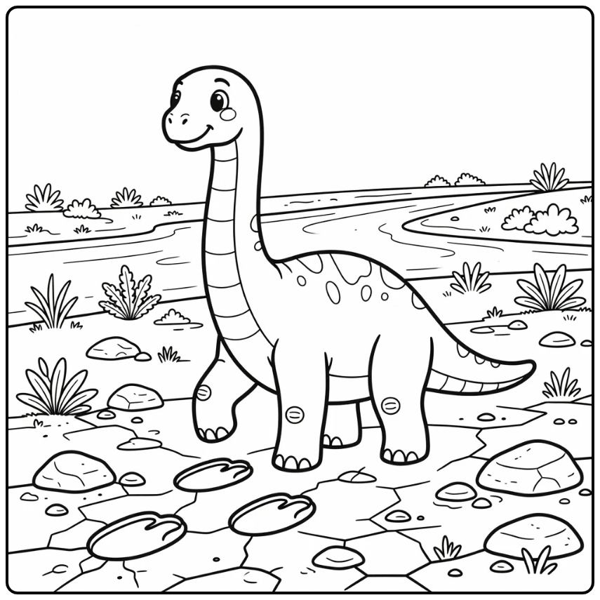 Brachiosaurus coloring page dinosaur lifting foot near river