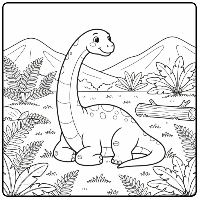 Brachiosaurus coloring page resting in fern meadow