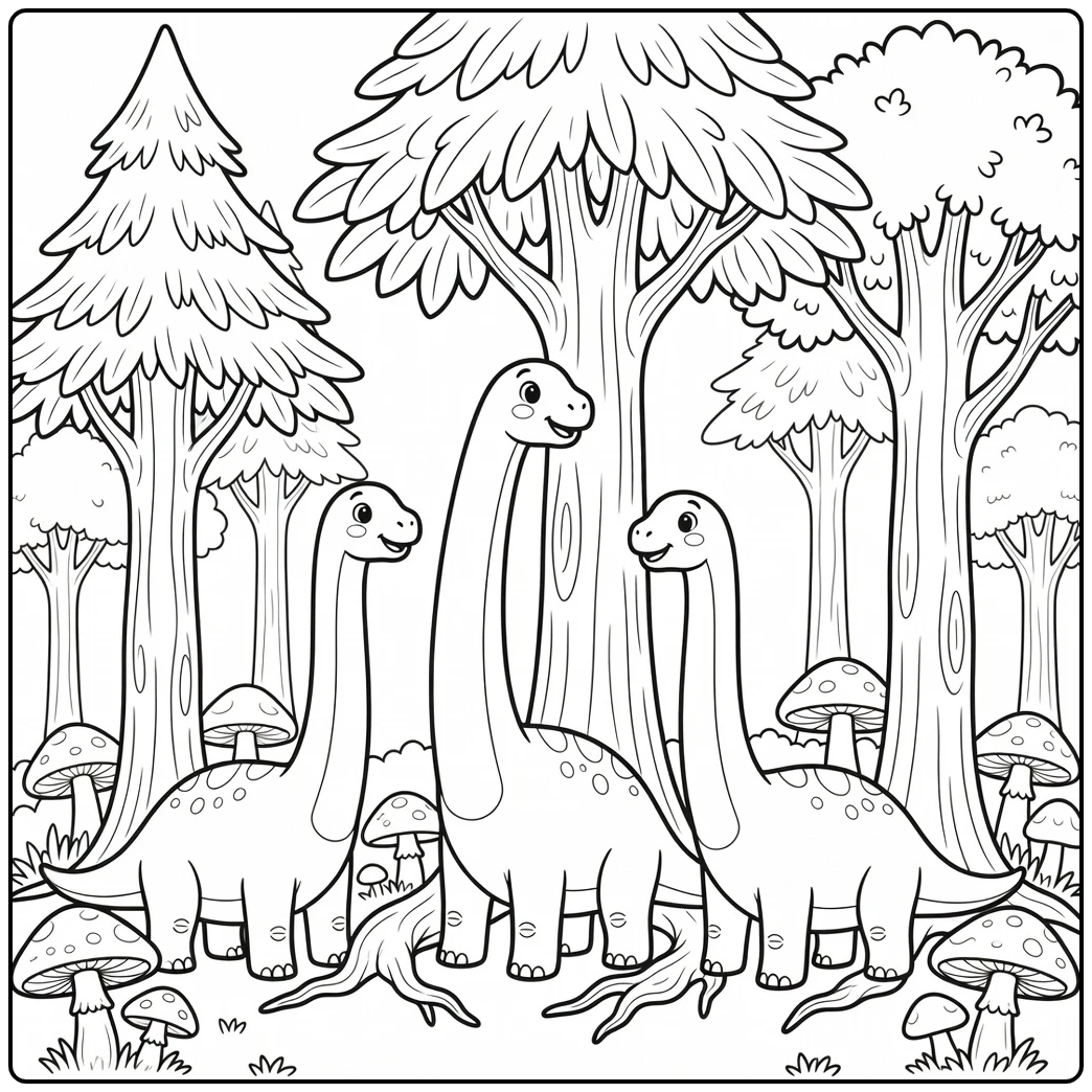 brachiosaurus coloring page with three dinosaurs under trees