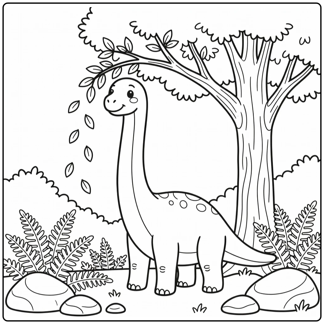 Brachiosaurus coloring page showing dinosaur with falling leaves