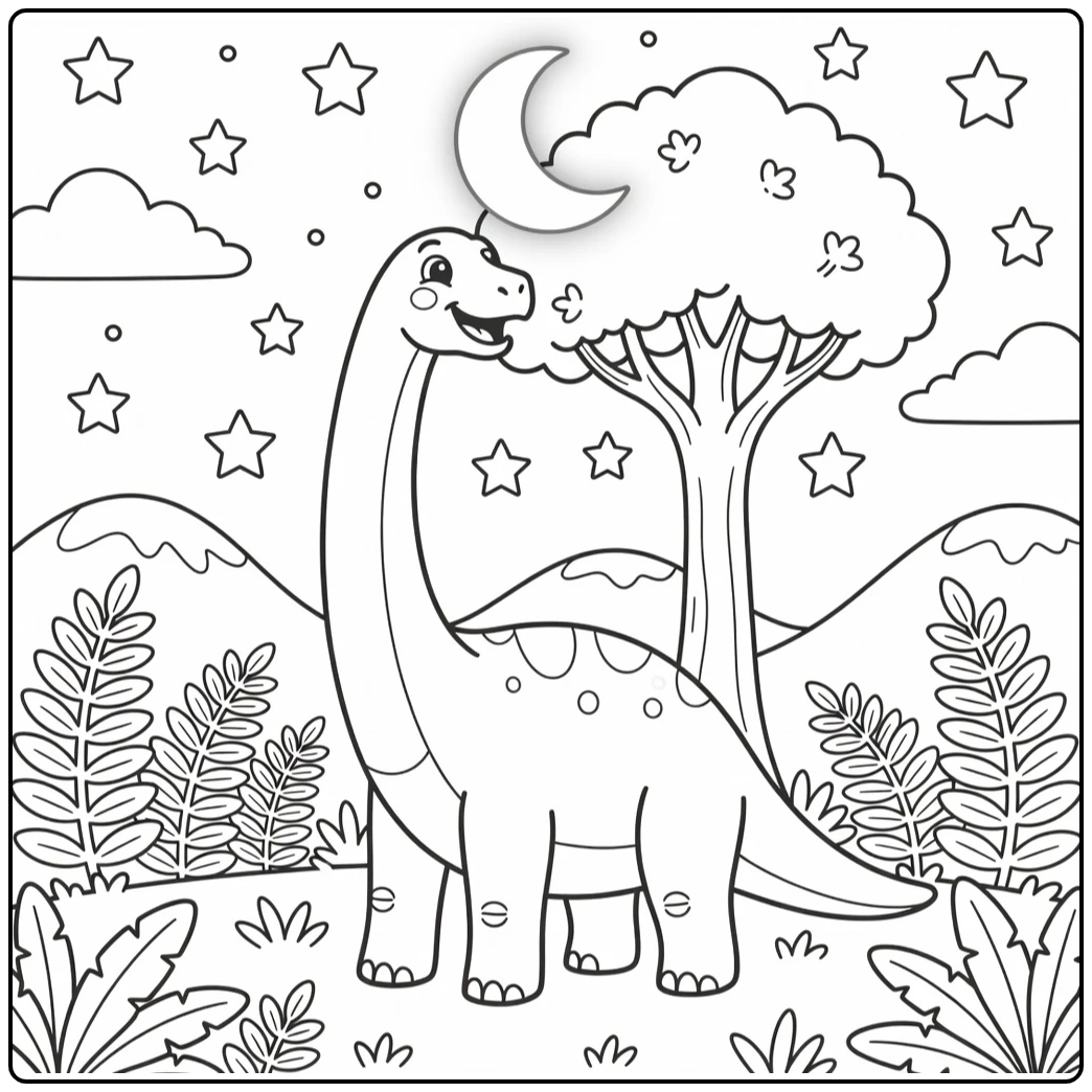 brachiosaurus coloring page under starry night sky