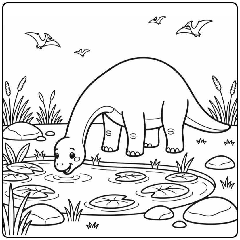 Brachiosaurus Coloring Page of Dinosaur at Peaceful Pond