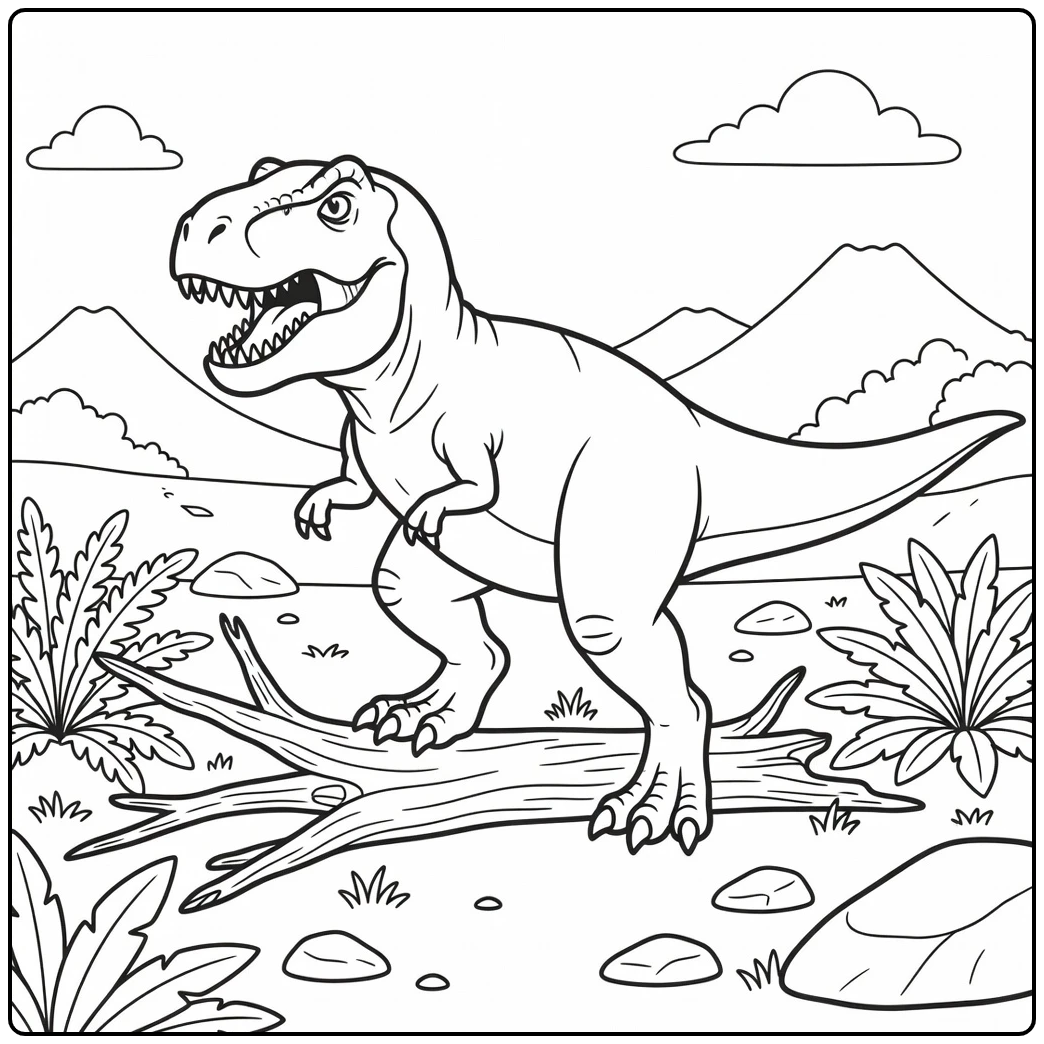 Carnivore dinosaur coloring page T. rex in prehistoric valley