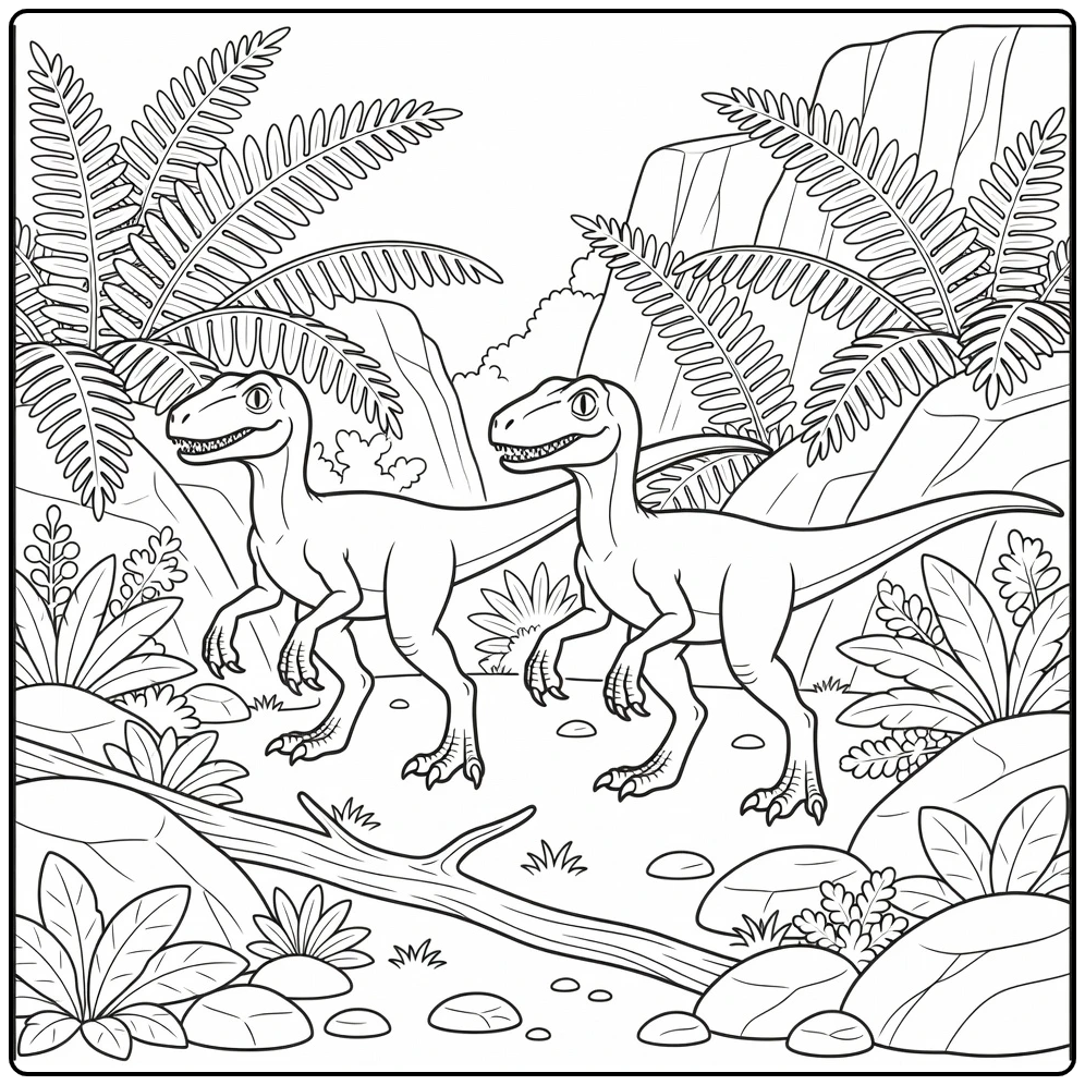 Two Velociraptors in carnivore dinosaur coloring page