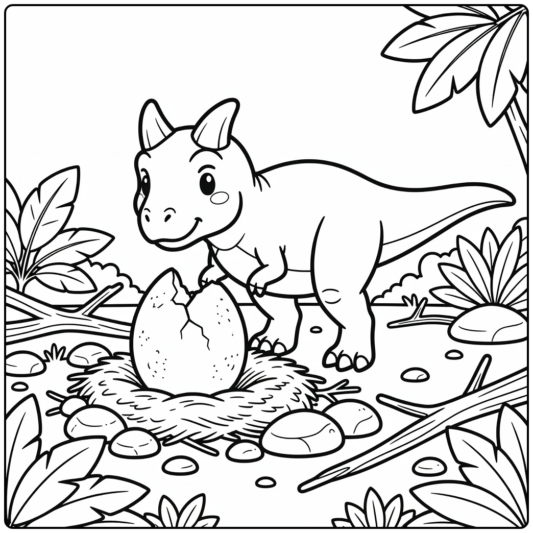 carnotaurus coloring page with dino sniffing egg