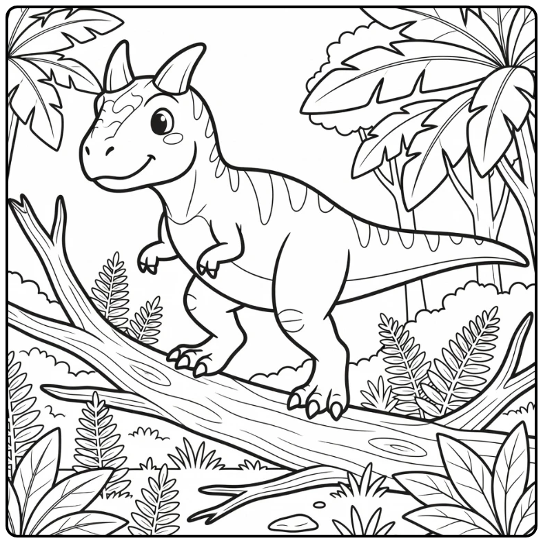 carnotaurus coloring page dinosaur climbing fallen tree trunk