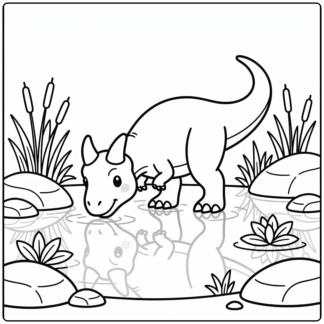Carnotaurus coloring page dinosaur drinking at pond