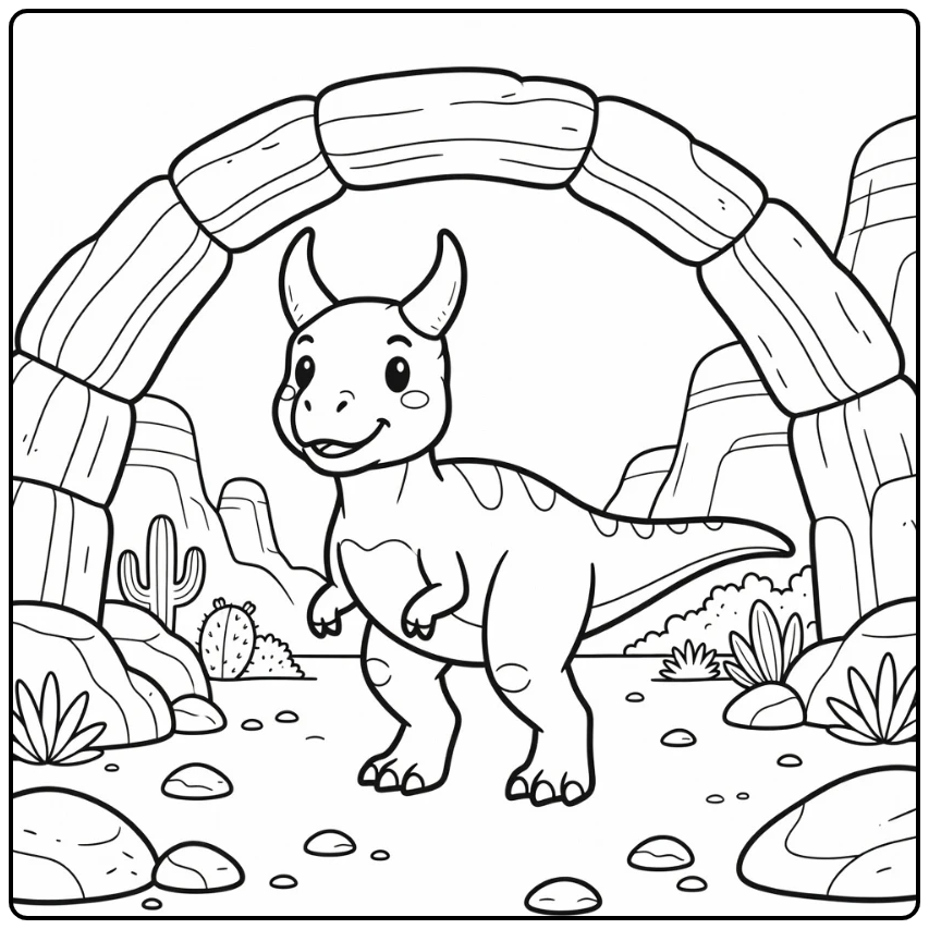 carnotaurus coloring page cute dino under stone arch