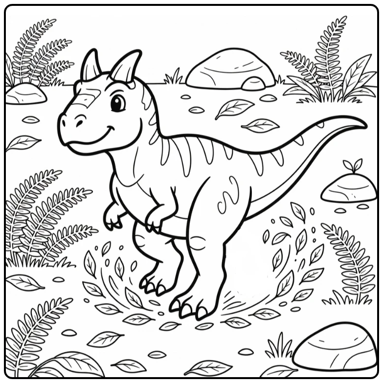 Carnotaurus coloring page of dinosaur turning sharply with ferns