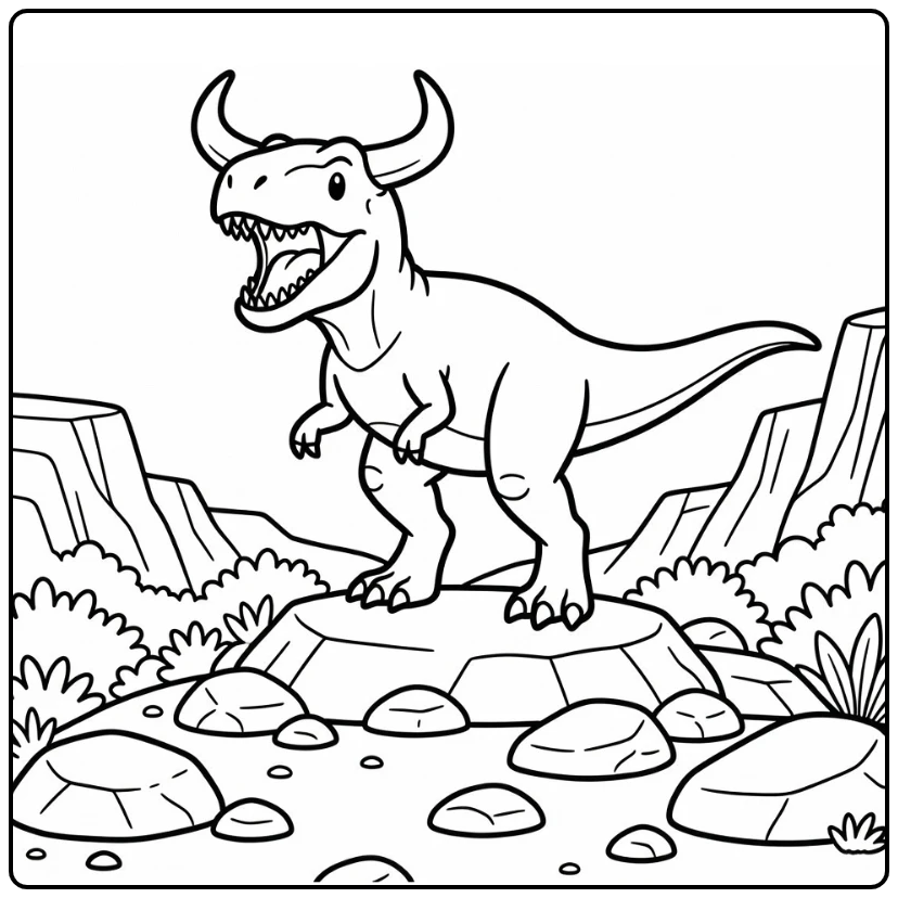 Carnotaurus coloring page roaring on rocky hilltop with horns