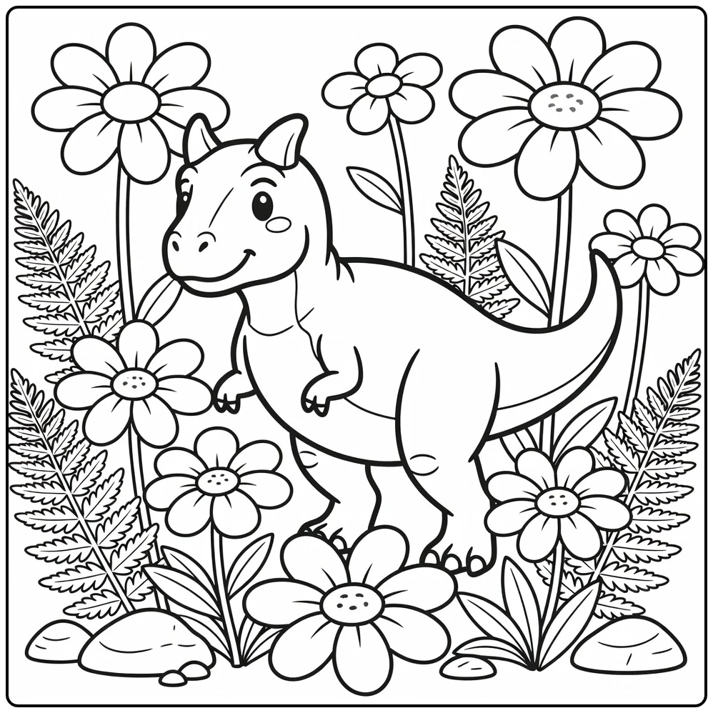Carnotaurus coloring page of dinosaur near giant flowers and rocks