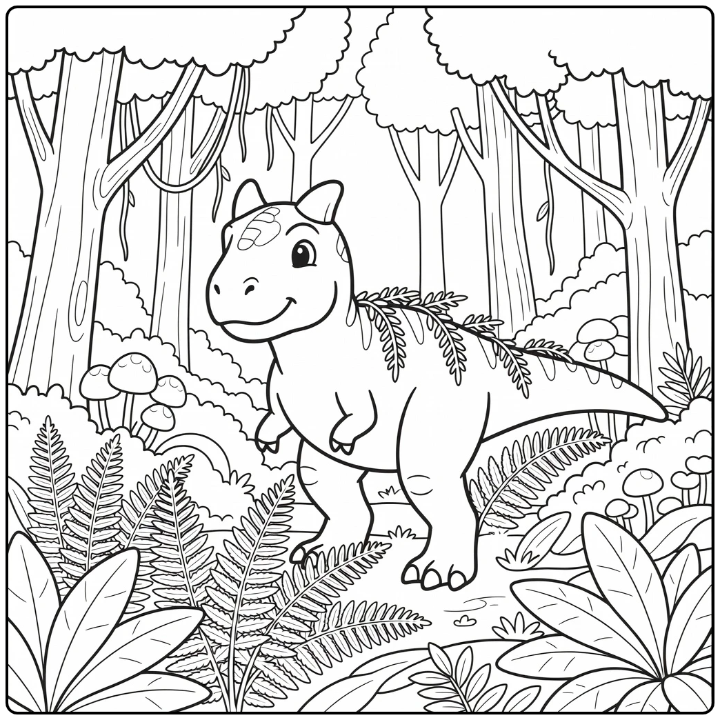 carnotaurus coloring page dinosaur in prehistoric fern forest