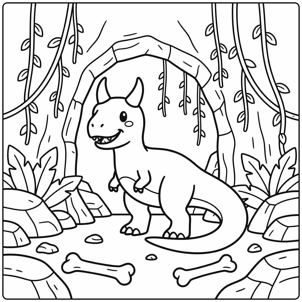 carnotaurus coloring page of alert dinosaur near cave