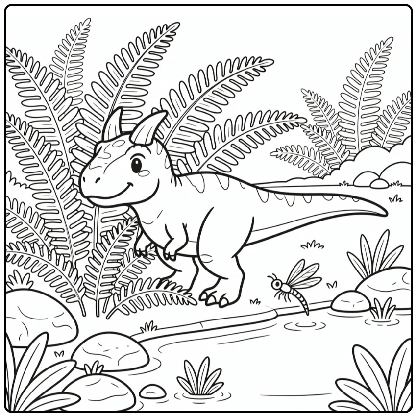 Carnotaurus coloring page dinosaur by pond with ferns