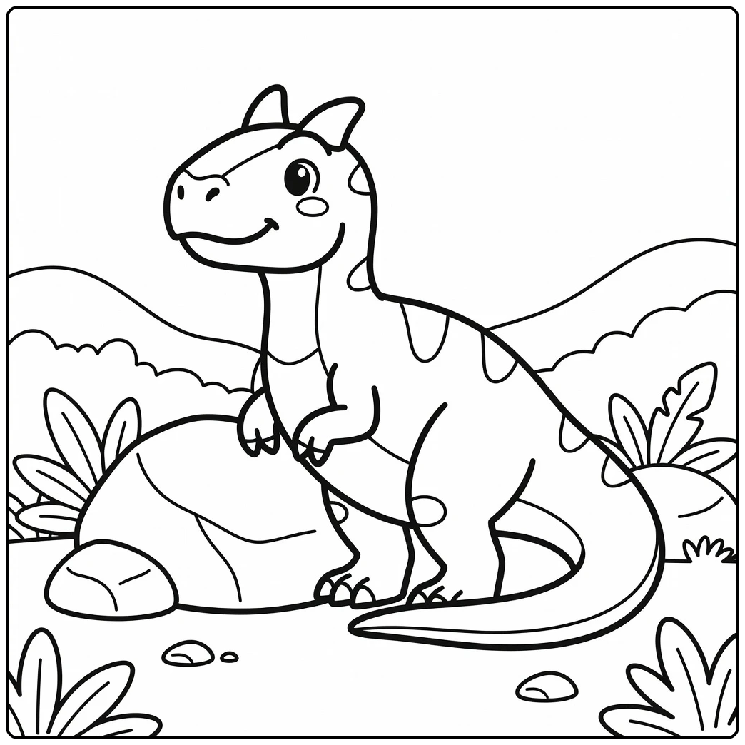 carnotaurus coloring page with resting dinosaur by boulder
