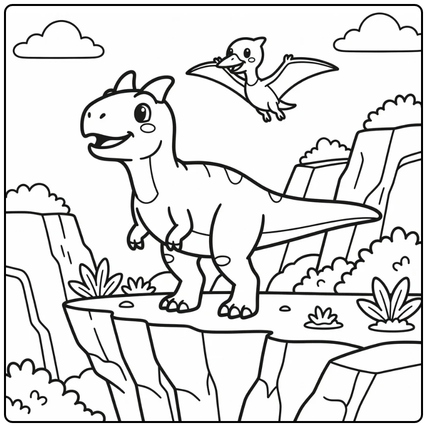 carnotaurus coloring page dinosaur watching pterosaur on cliff
