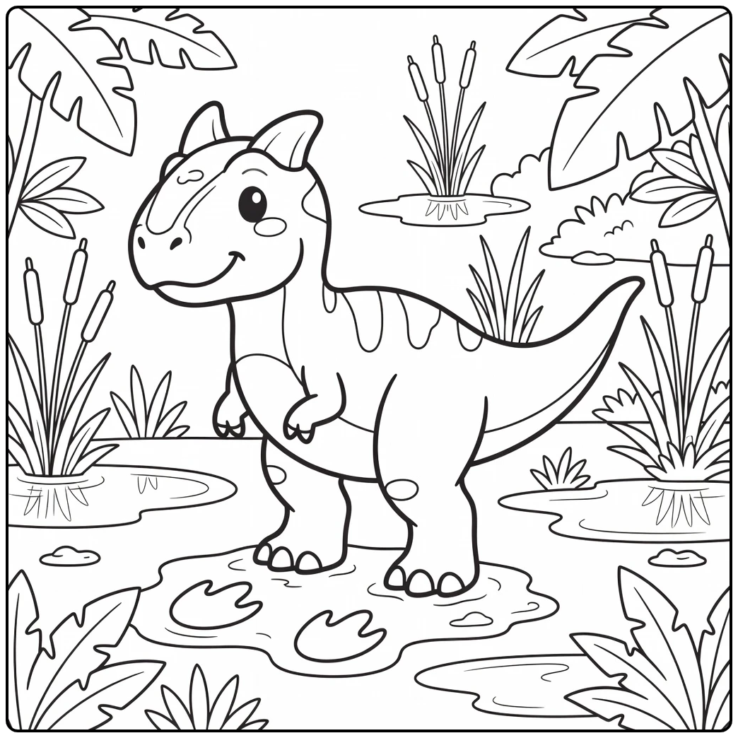carnotaurus coloring page of dinosaur in jungle with footprints