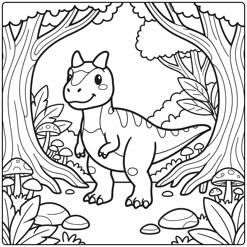 Carnotaurus coloring page featuring dinosaur between giant roots