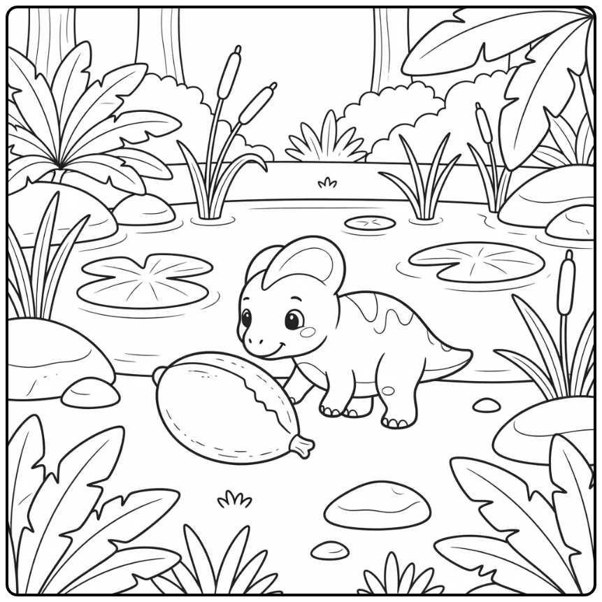 cartoon baby dinosaur coloring page Corythosaurus at forest pond