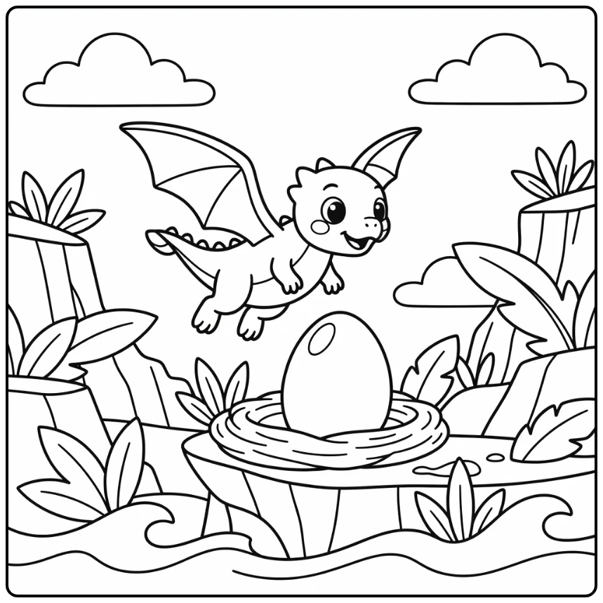 cartoon baby dinosaur coloring page of gliding Dimorphodon over ledge